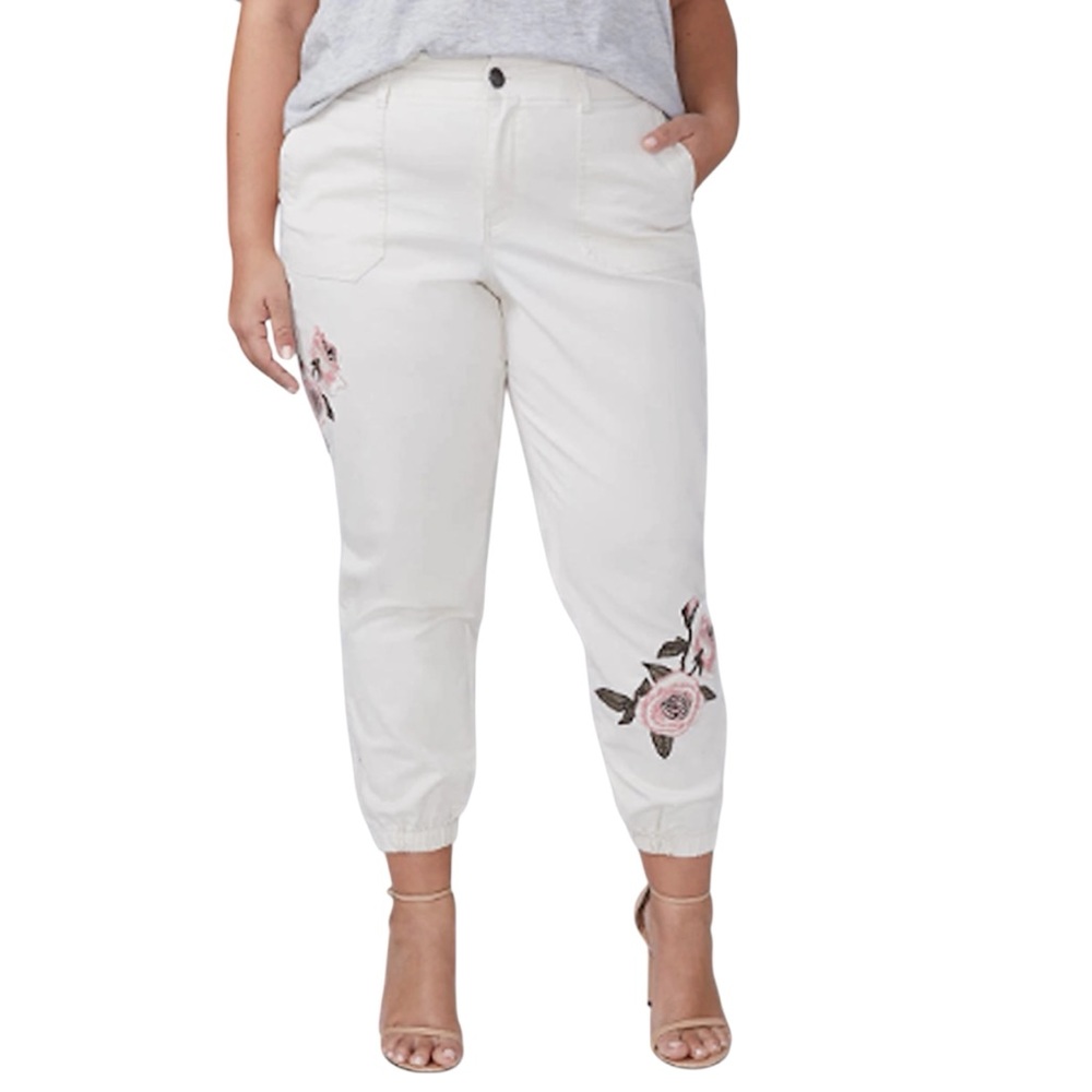 Lane Bryant Birch Embroidered Utility Ankle Pants cream pink roses - Picture 1 of 10